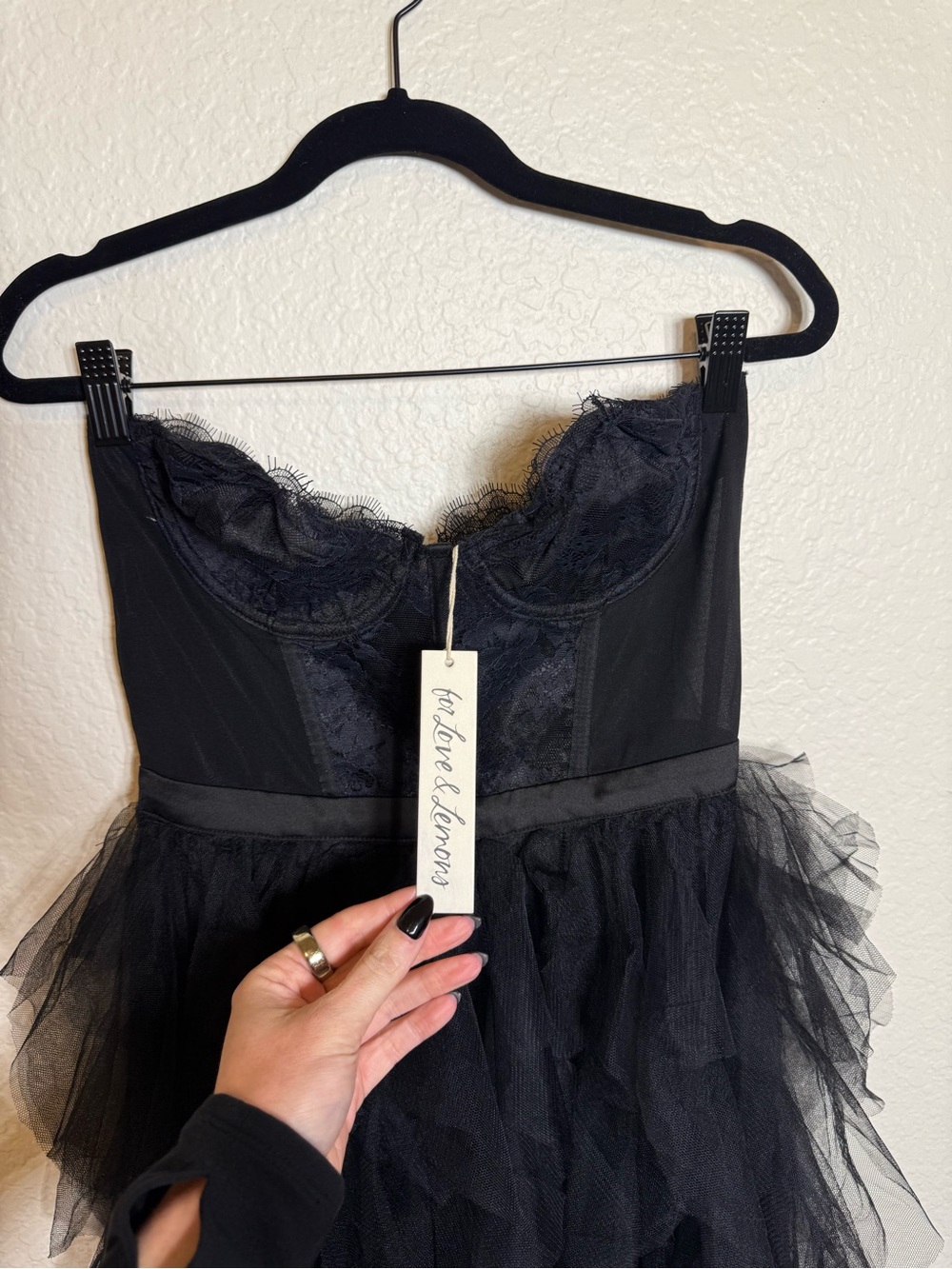 For Love & Lemons Black Strapless Lace Bustier High-Low Tulle Gown - Picture 4 of 12